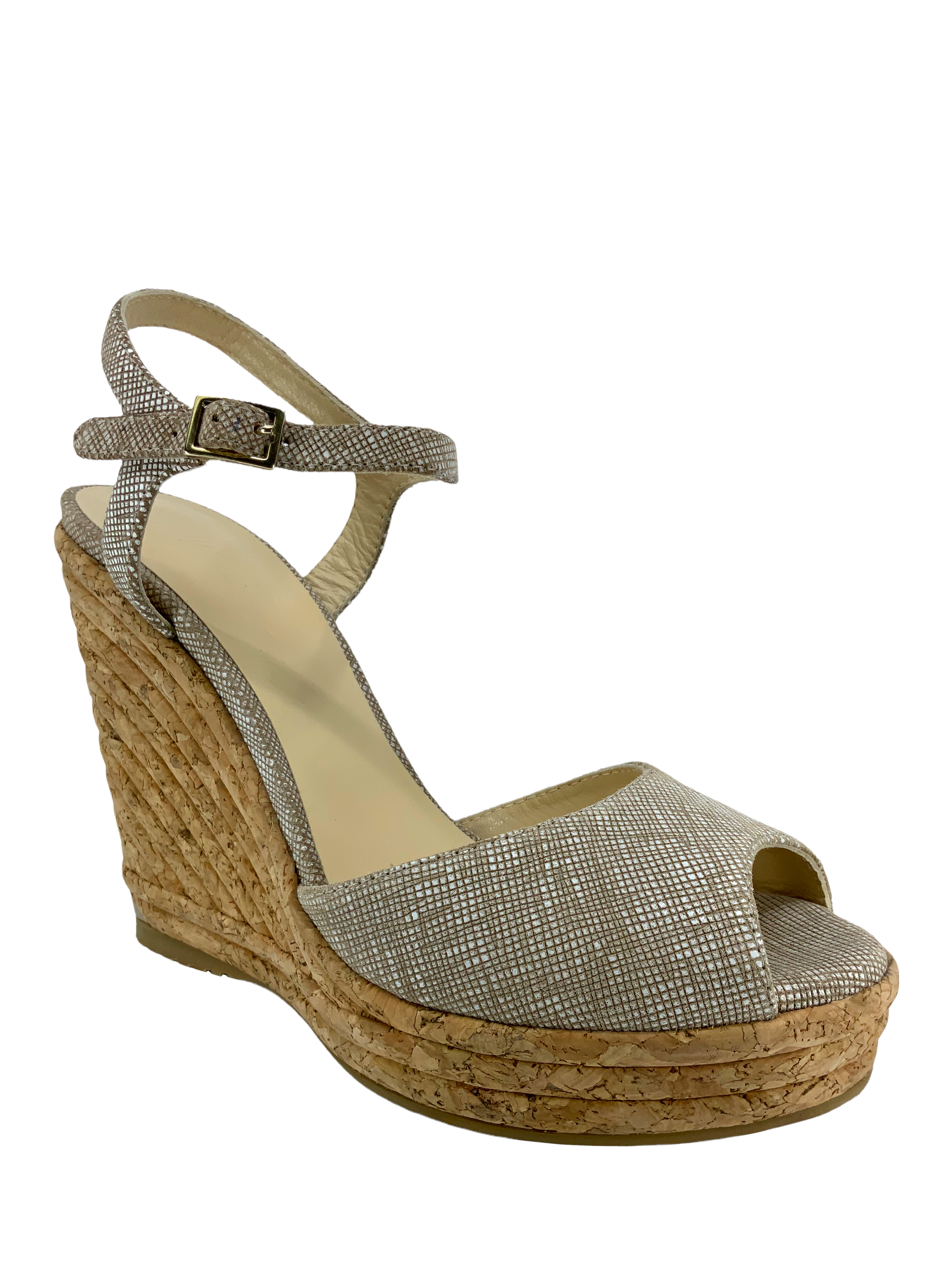 Jimmy Choo Textured Suede Cork Platform Wedge Sandals Size 9.5 - Shop Now