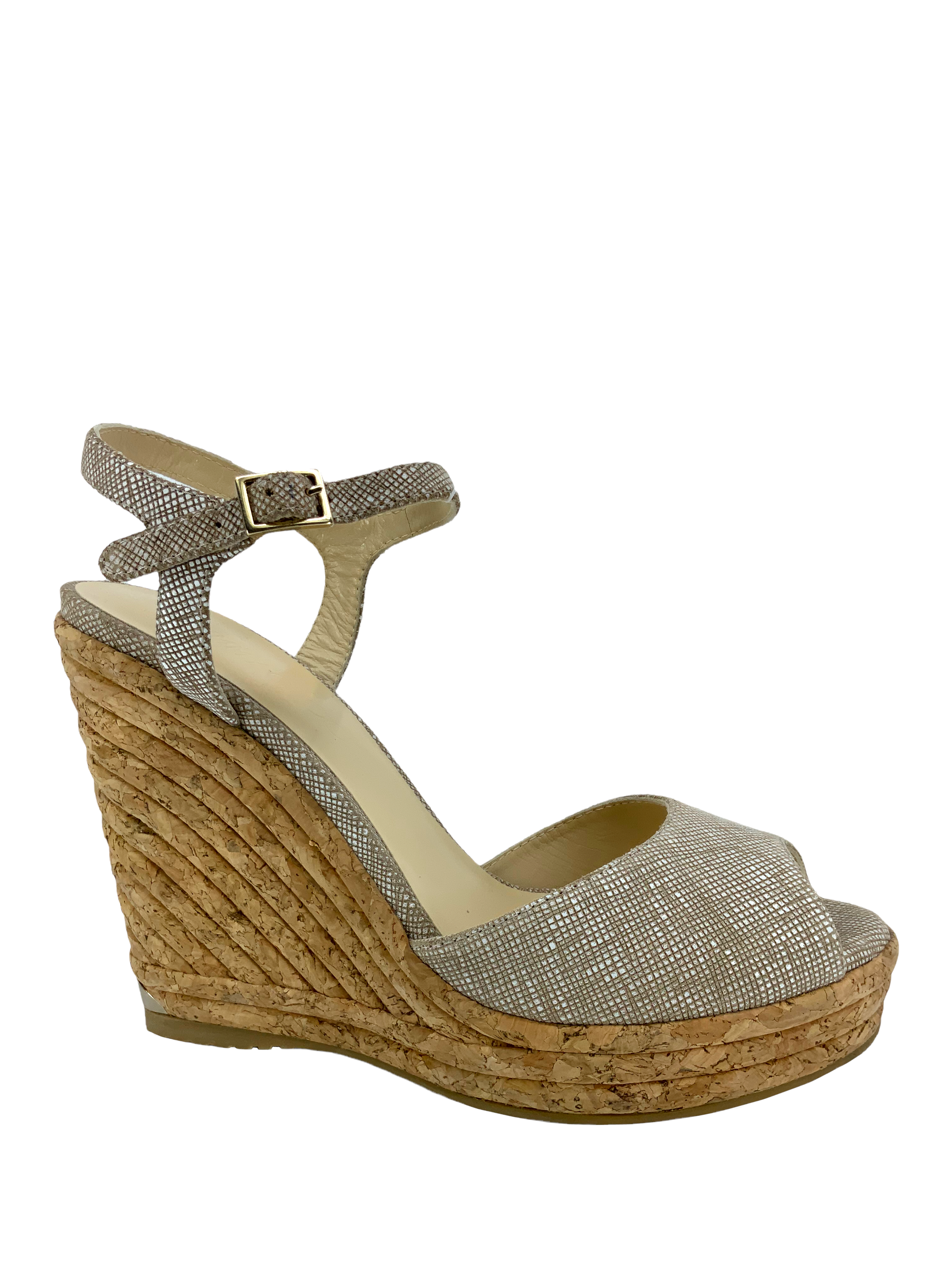 Jimmy Choo Textured Suede Cork Platform Wedge Sandals Size 9.5 - Shop Now