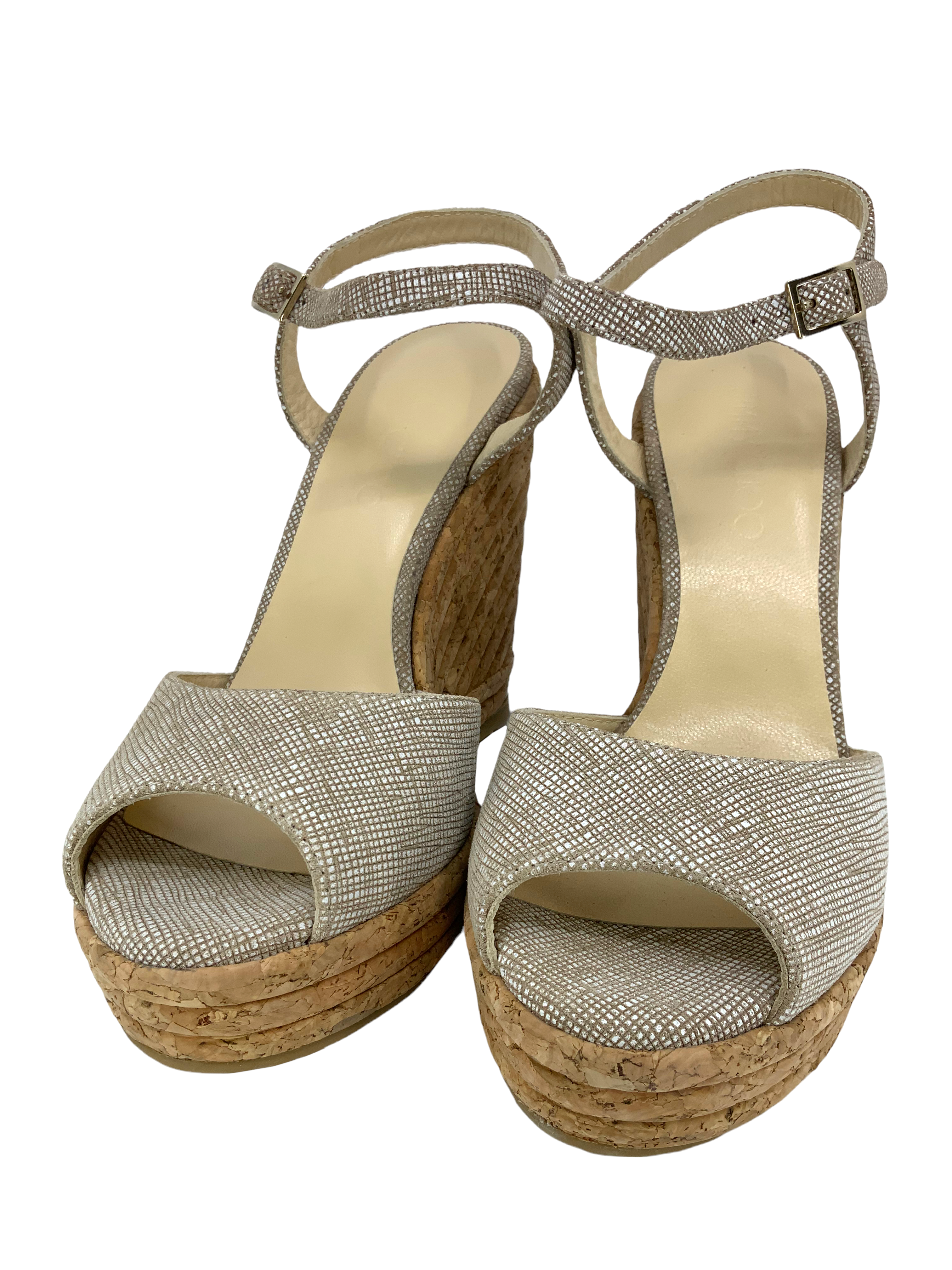 Jimmy Choo Textured Suede Cork Platform Wedge Sandals Size 9.5 - Shop Now