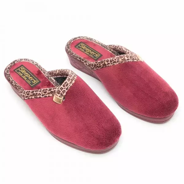 Ladies Bedroom Slippers Burgundy Mule Wedge Heel Slip-On