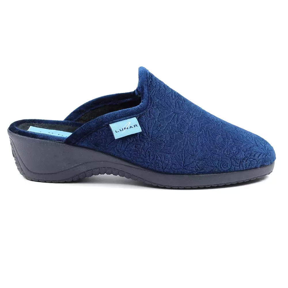 ladies bedroom slippers mule wedge heel navy lunar audrey