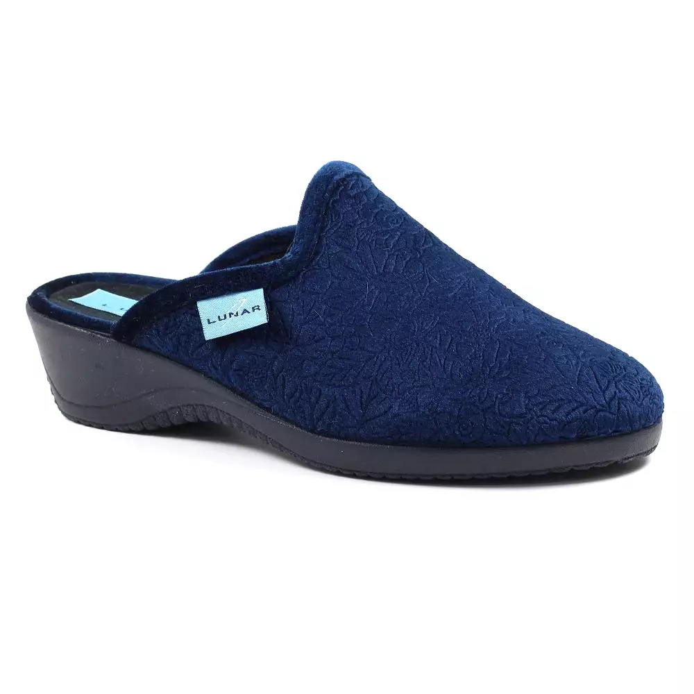 ladies bedroom slippers mule wedge heel navy lunar audrey