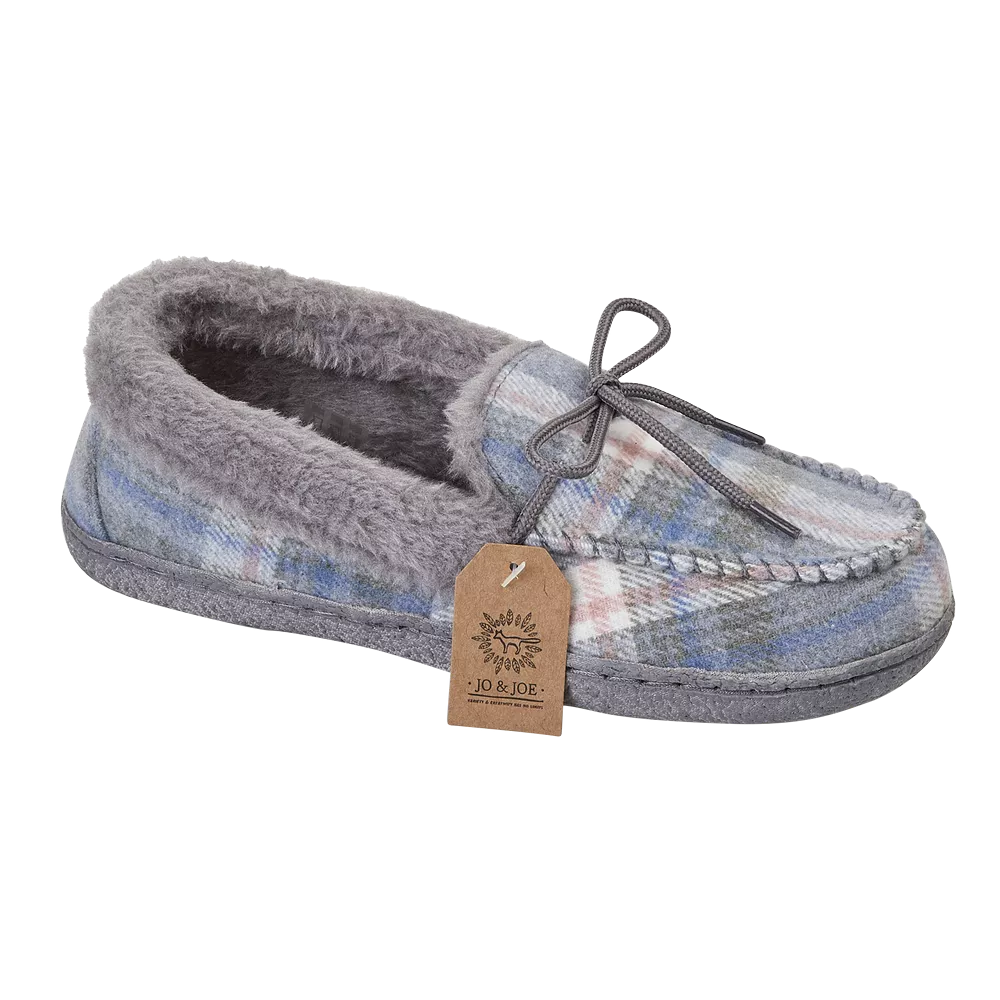 Ladies Grey Check Bedroom Slippers - Pembroke Jo & Joe