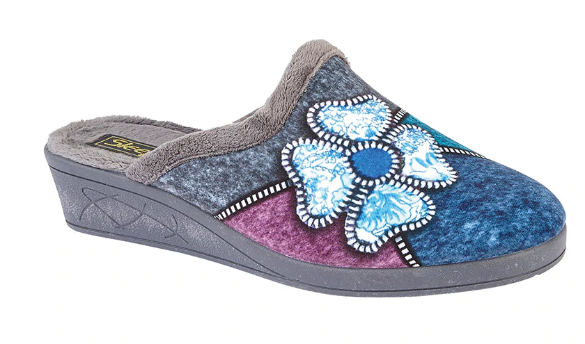 Ladies Grey Multi Slippers with Wedge Heel - Easy Slip-On Mule