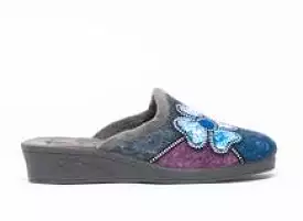 Ladies Grey Multi Slippers with Wedge Heel - Easy Slip-On Mule