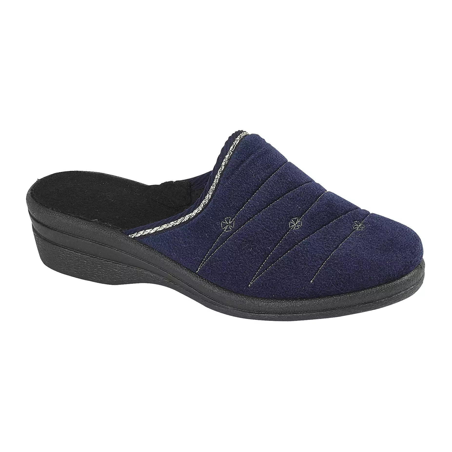 Ladies Navy Bedroom Slippers - Mule Style with Wedge Heel & Sturdy Sole - Slip on - Available in Sizes 3, 4, 5, 6, 7, 8.