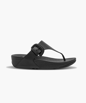 Lulu black raw edge leather toe thong with covered buckle.