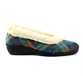 Lunar Wedge Heel Navy Check Ladies Bedroom Slippers