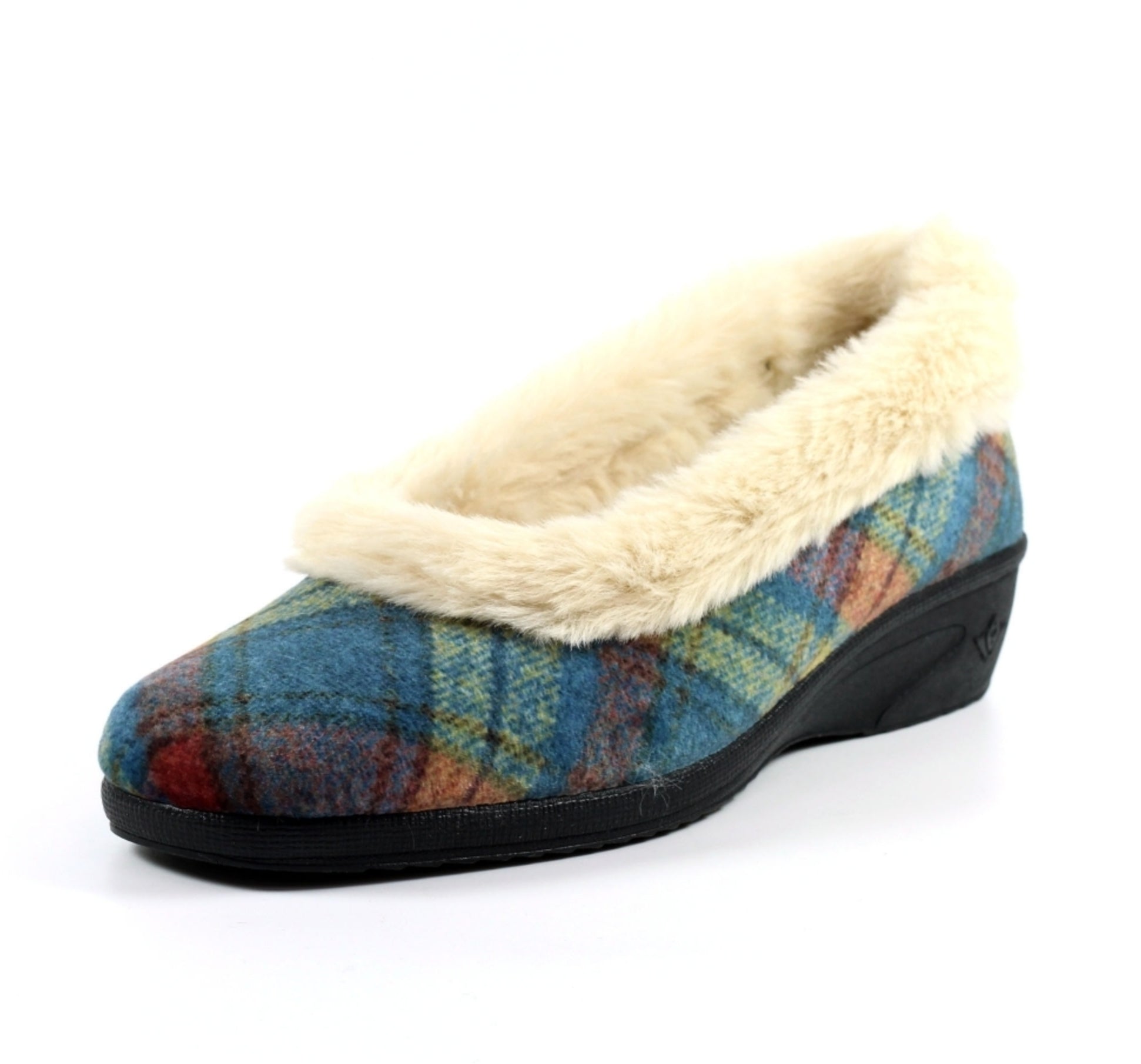 Lunar Wedge Heel Navy Check Ladies Bedroom Slippers