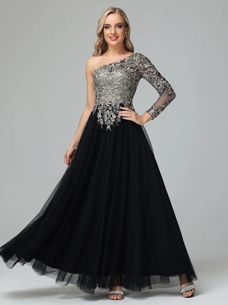 Lace and Tulle One-Shoulder Evening Gown Magnifique