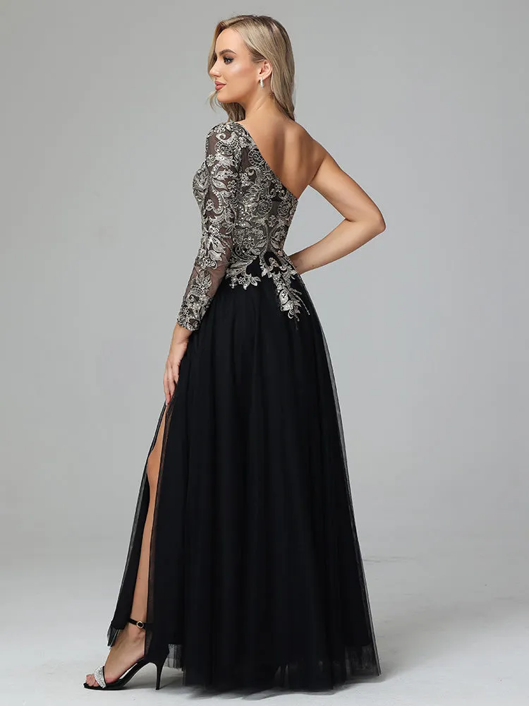 Lace and Tulle One-Shoulder Evening Gown Magnifique