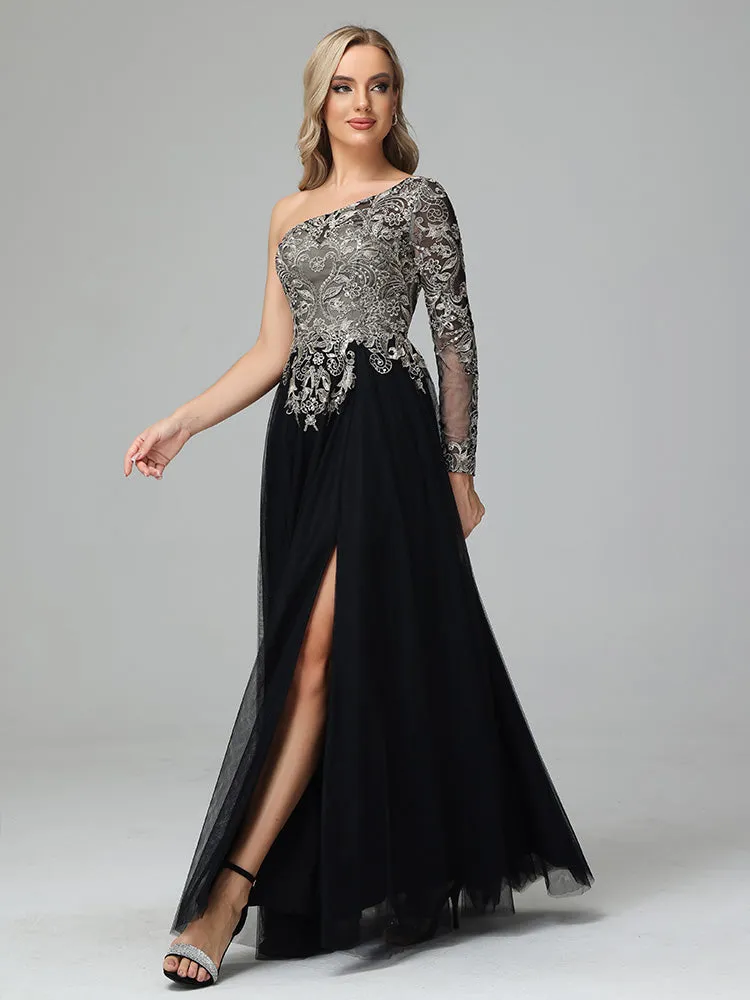 Lace and Tulle One-Shoulder Evening Gown Magnifique