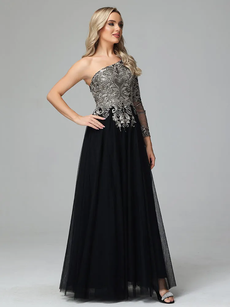 Lace and Tulle One-Shoulder Evening Gown Magnifique