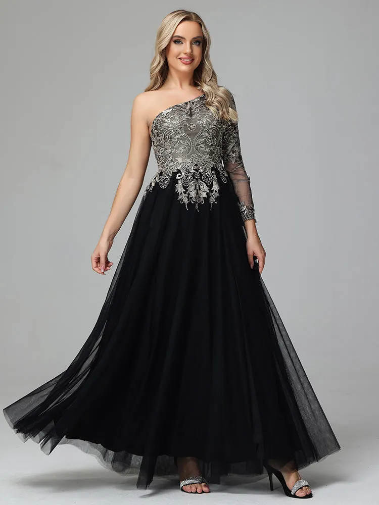 Lace and Tulle One-Shoulder Evening Gown Magnifique