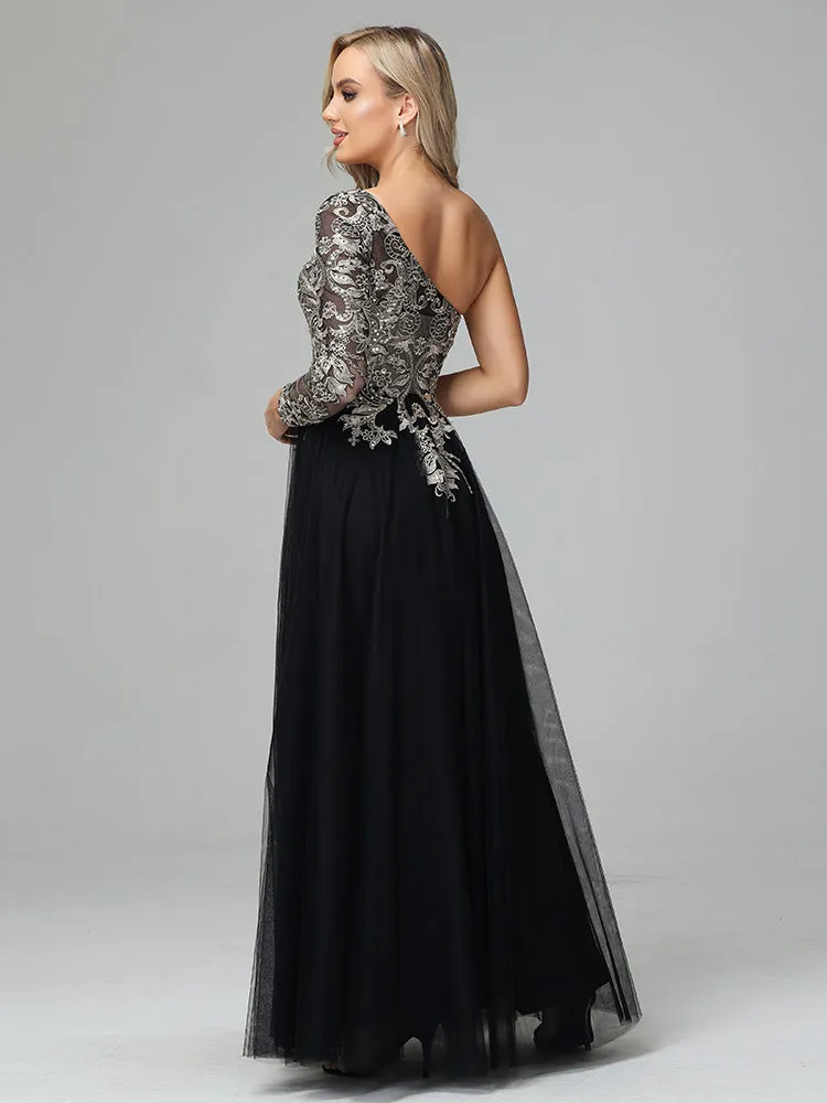 Lace and Tulle One-Shoulder Evening Gown Magnifique