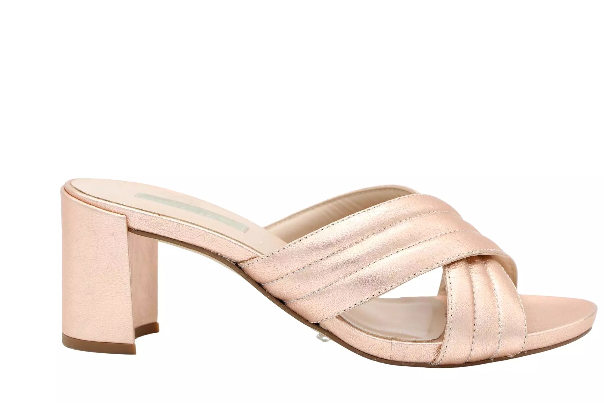 MARIAN rose gold leather criss cross mule with block heel.