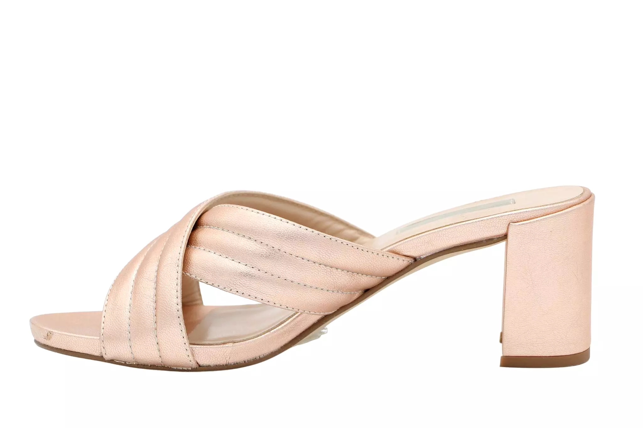 MARIAN rose gold leather criss cross mule with block heel.