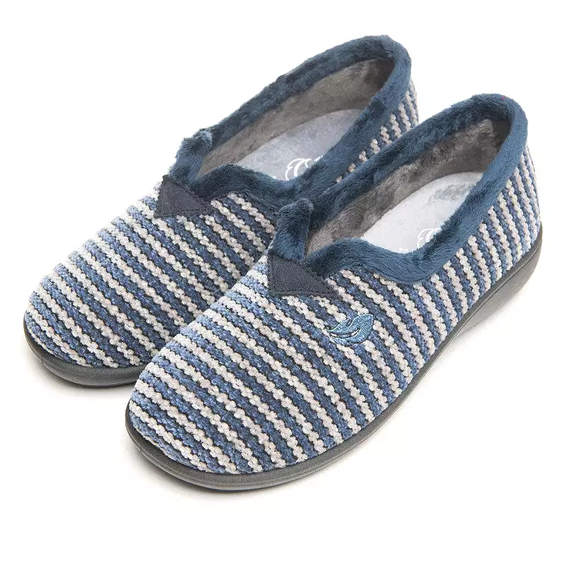 Marine Blue Stripped Bedroom Slippers with Plumaflex Memory Foam and Fur Trim (14212)