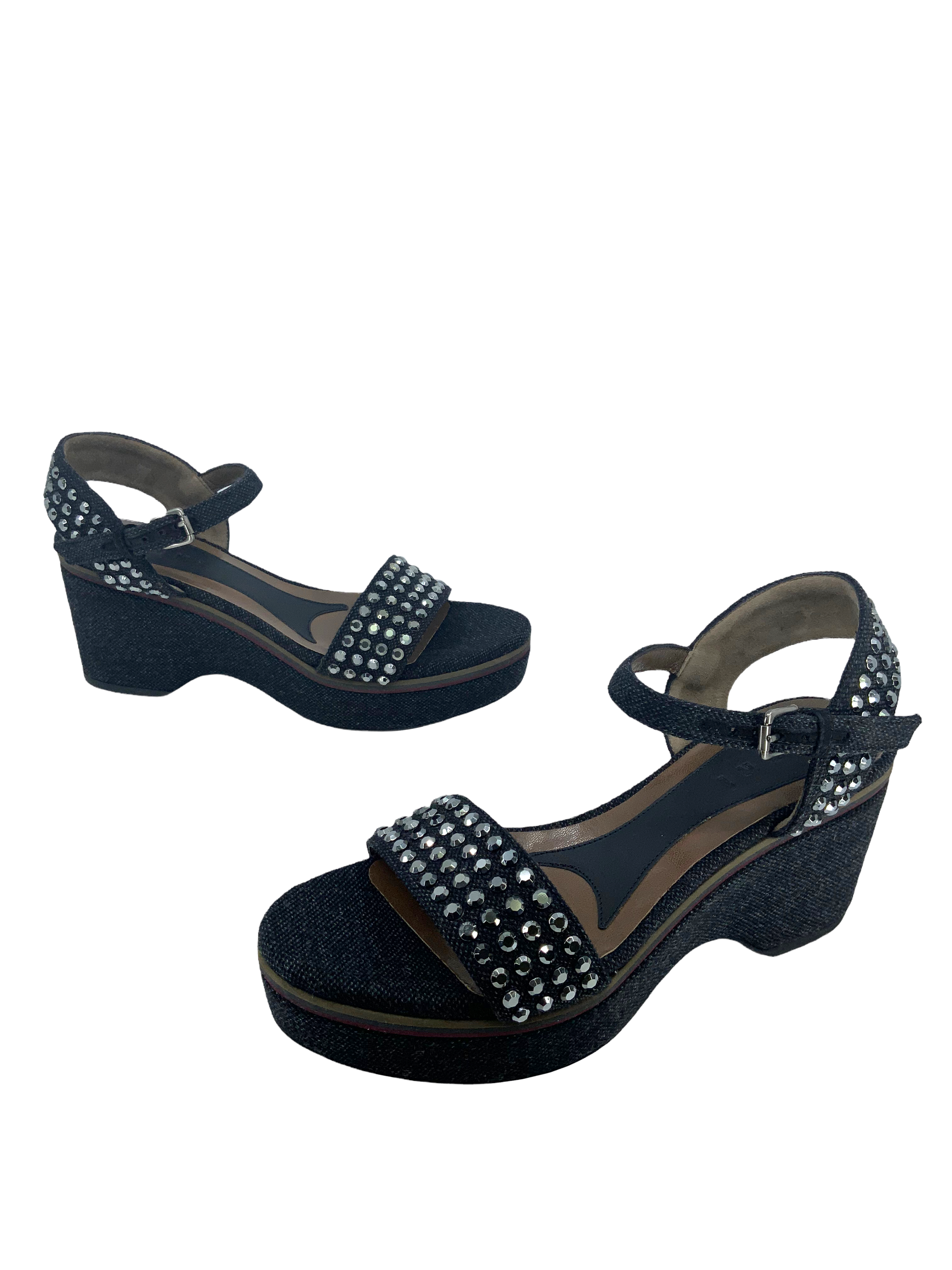 MARNI Denim Wedge Sandals with Studs - Size 9