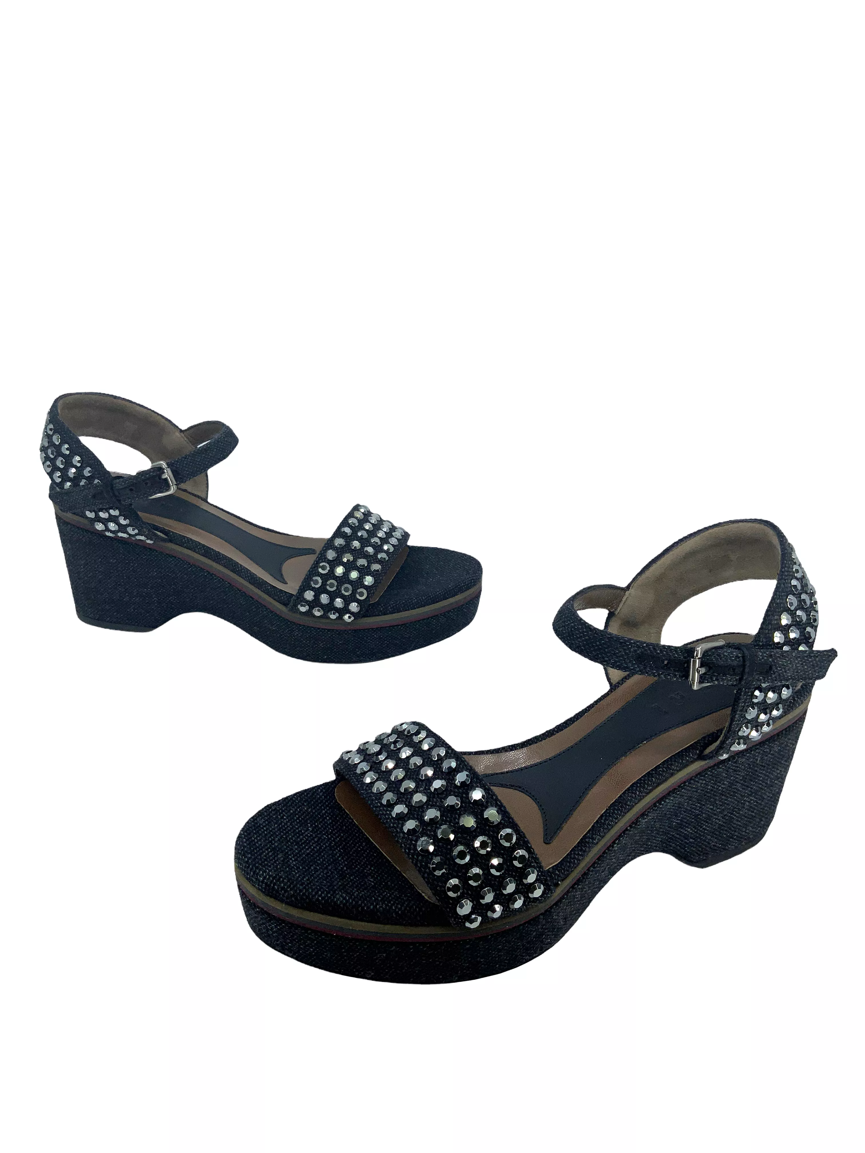 MARNI Studded Denim Wedge Sandals - Size 9