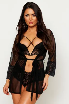 Mesh and Lace Robe with French Pantie Set Lingerie