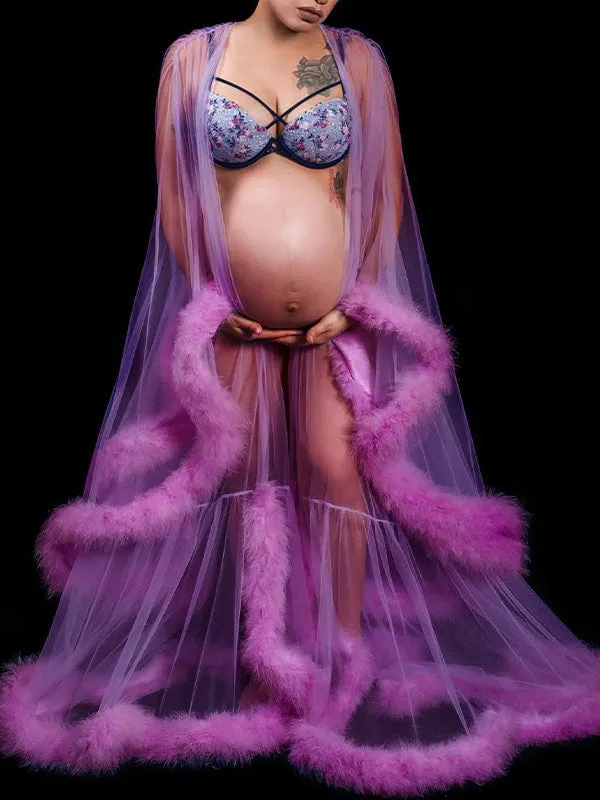 Momnfancy Purple Feather Tulle High Split Robe Gown Photoshoot Maternity Maxi Dress