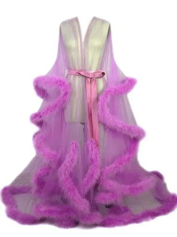 Momnfancy Purple Feather Tulle High Split Robe Gown Photoshoot Maternity Maxi Dress