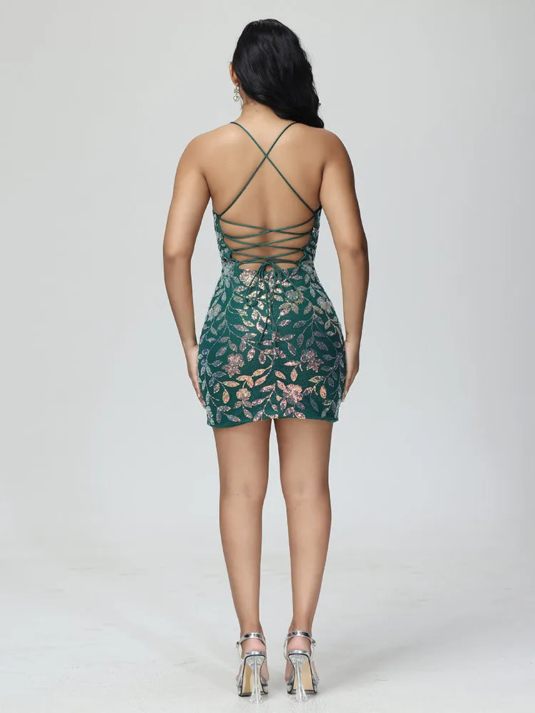 Sequin and Lace Strappy Back Bodycon Mini Evening Dress EMERAUDE