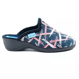 Navy/Pink Erin Wedge Heel Mule Slippers - Ladies Bedroom Slip-On