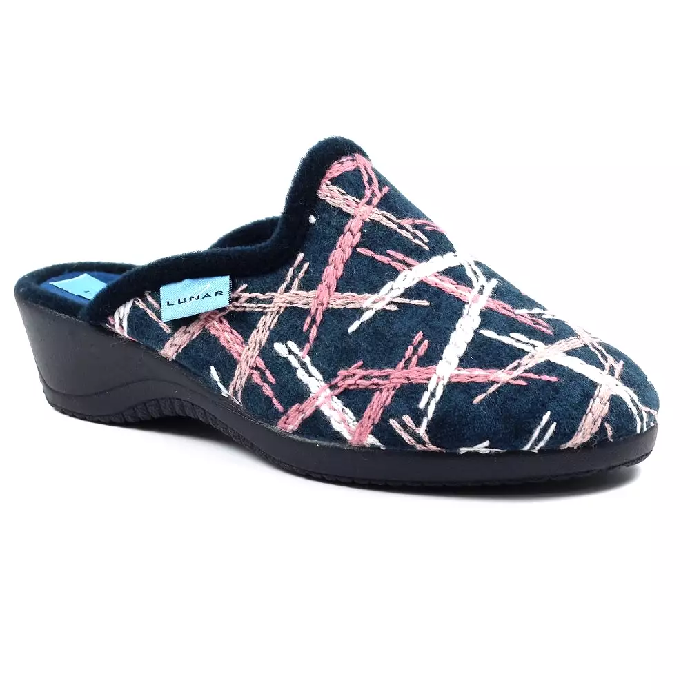 Navy/Pink Erin Wedge Heel Mule Slippers - Ladies Bedroom Slip-On