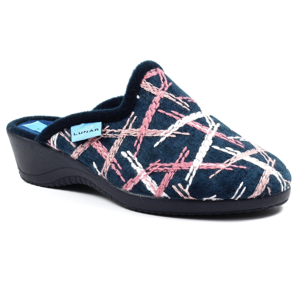 Navy/Pink Lunar Erin Mule Wedge Heel Slip On - Ladies Bedroom Slippers