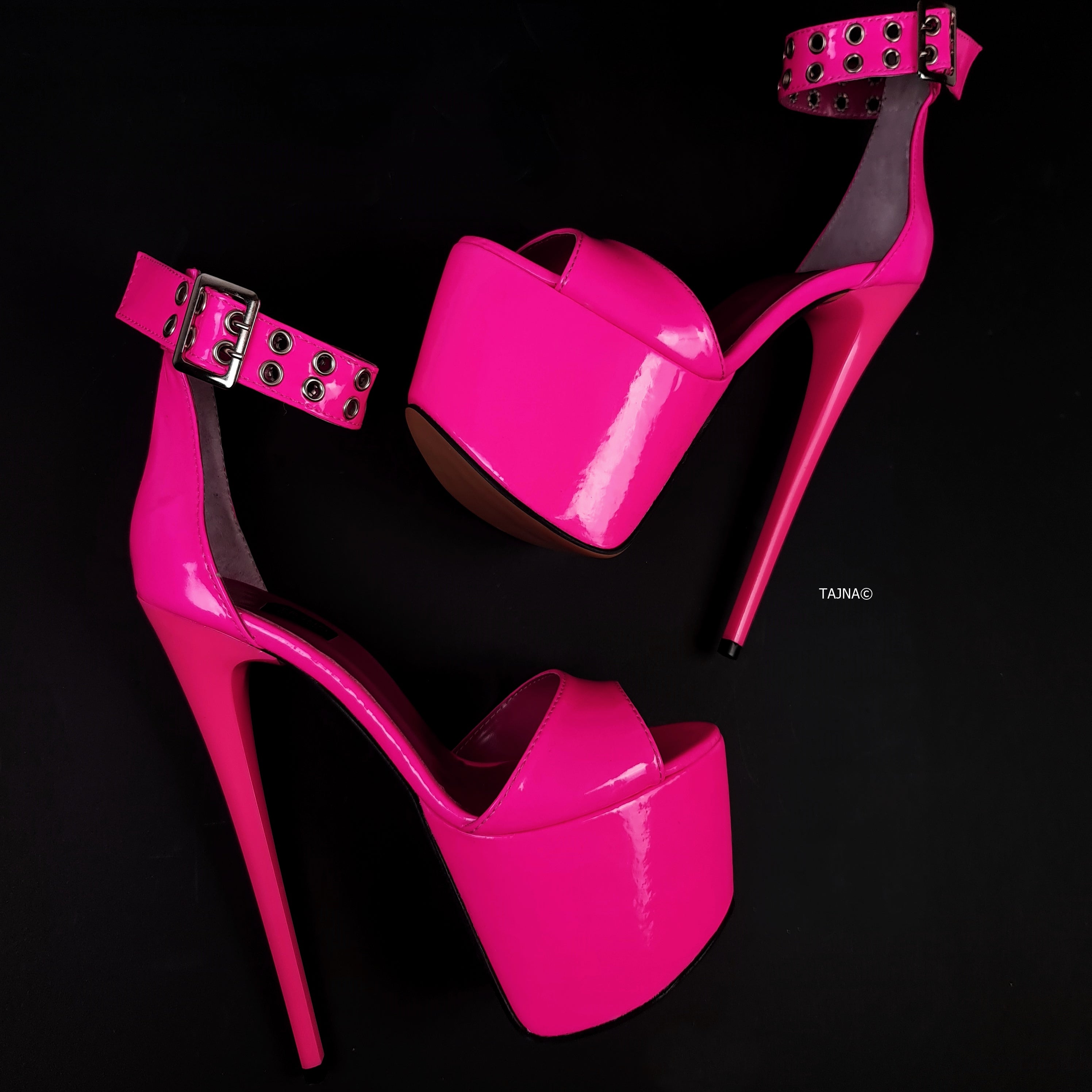 Neon Pink Gloss Belted High Heel Sandals