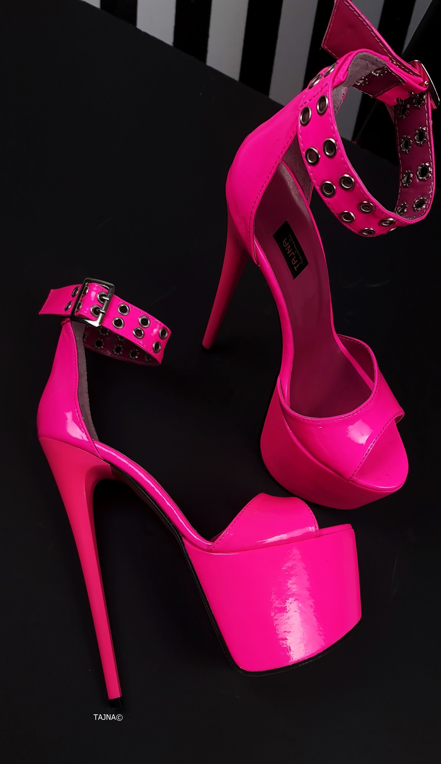 Neon Pink Gloss Belted High Heel Sandals