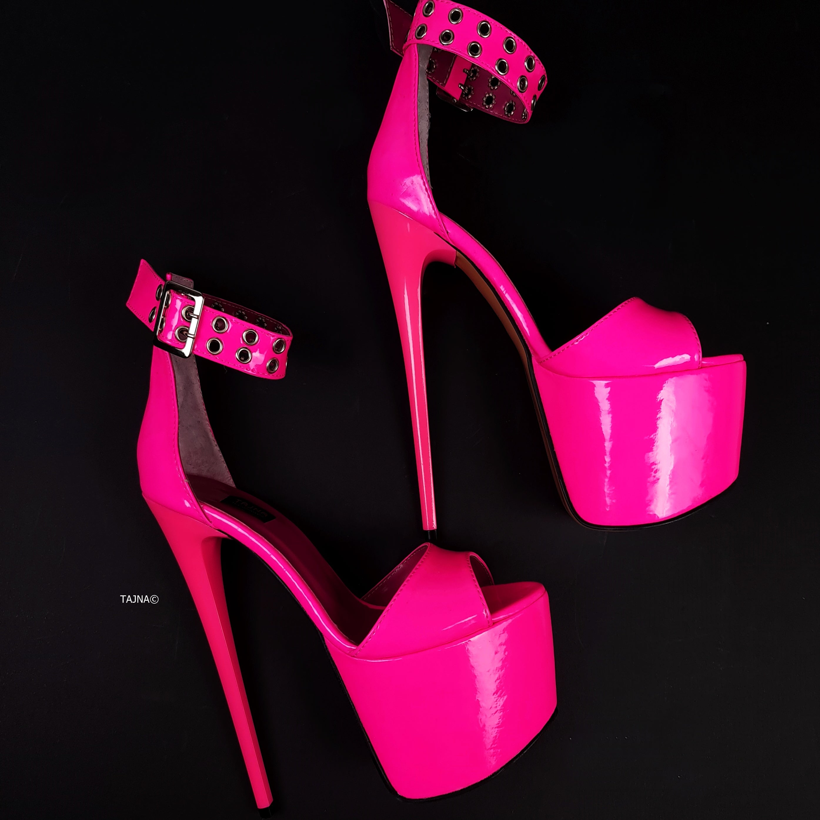 Neon Pink Gloss Belted Sandals