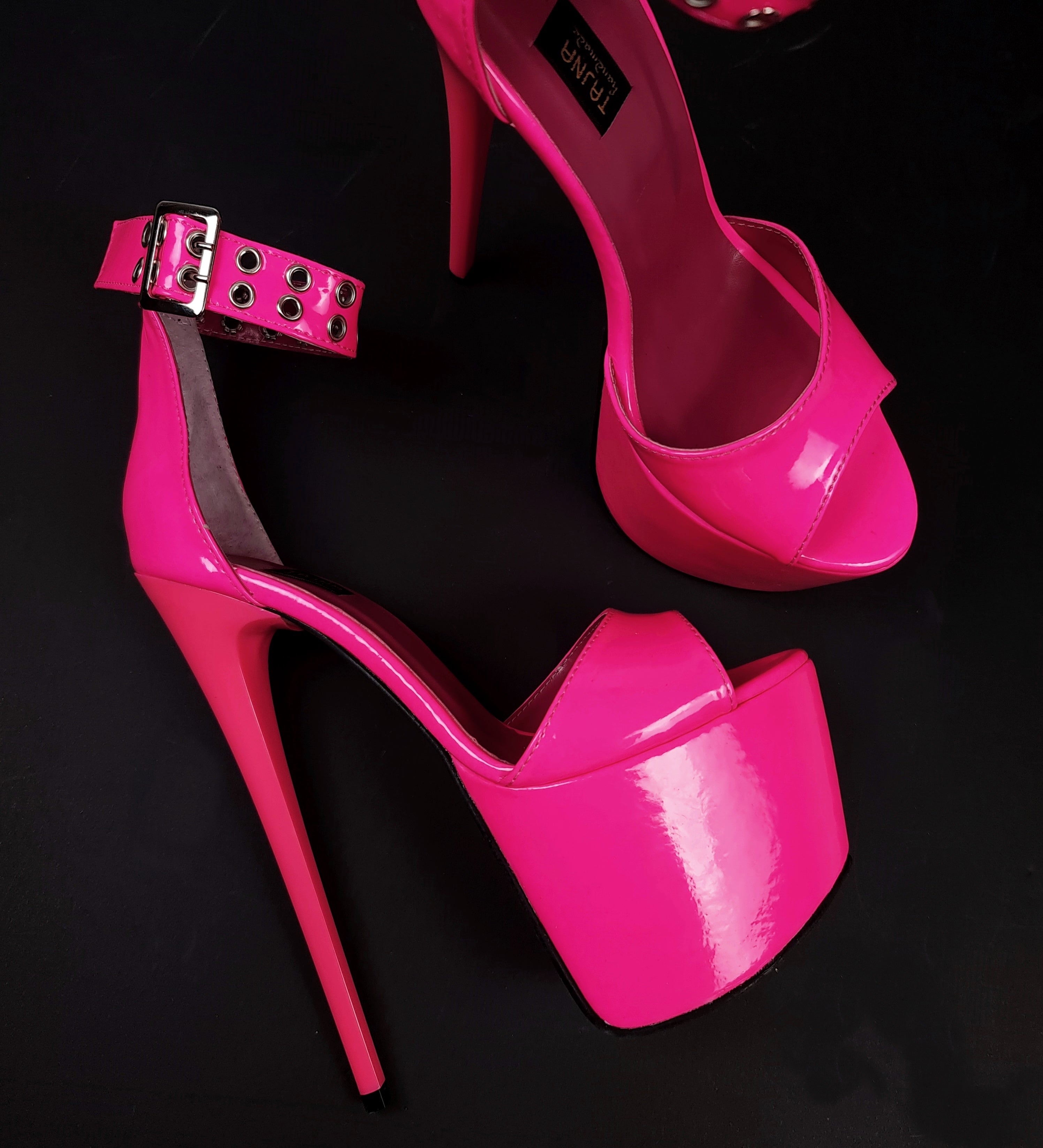 Neon Pink Gloss Belted Sandals