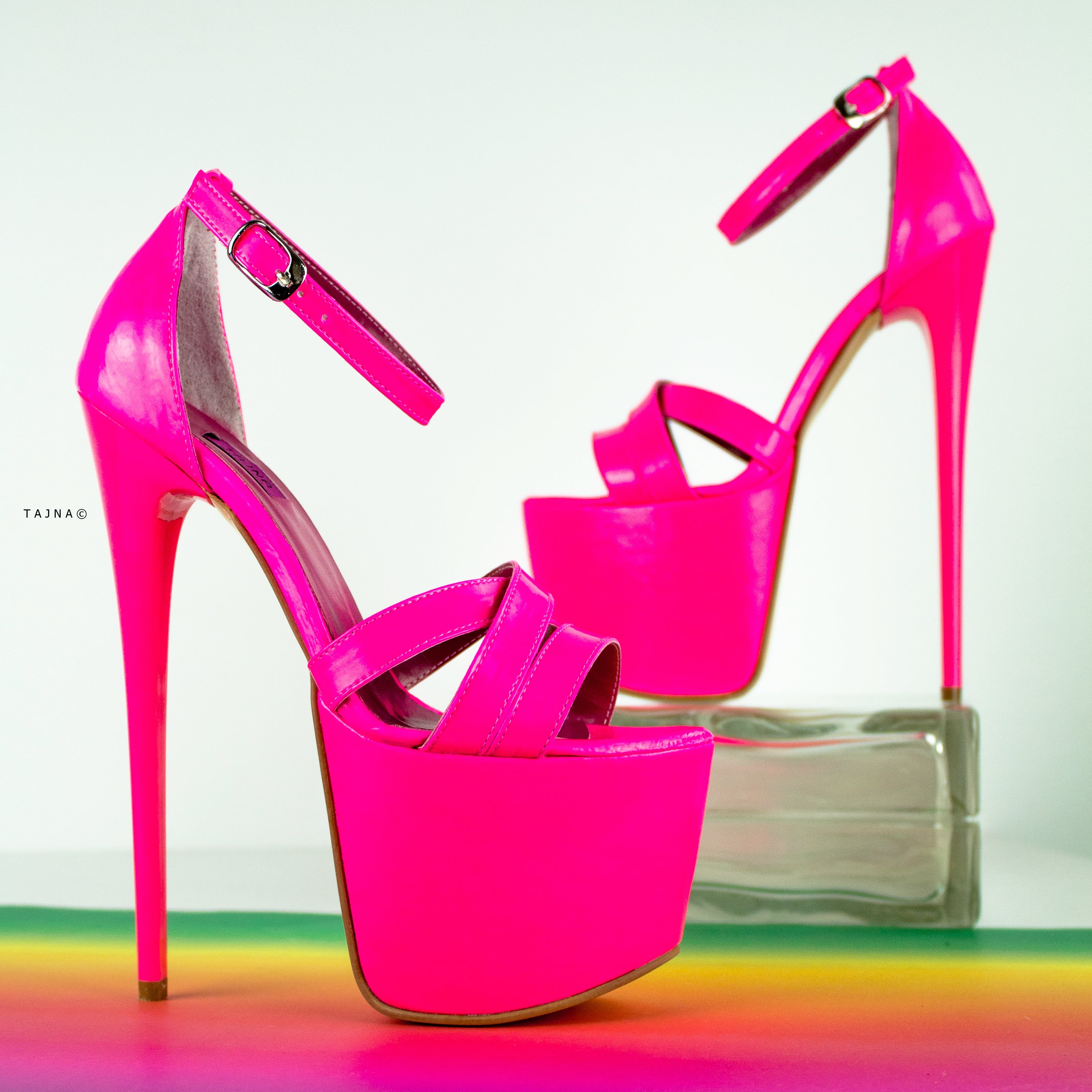 Neon Pink Gloss Strappy High Heel Sandals