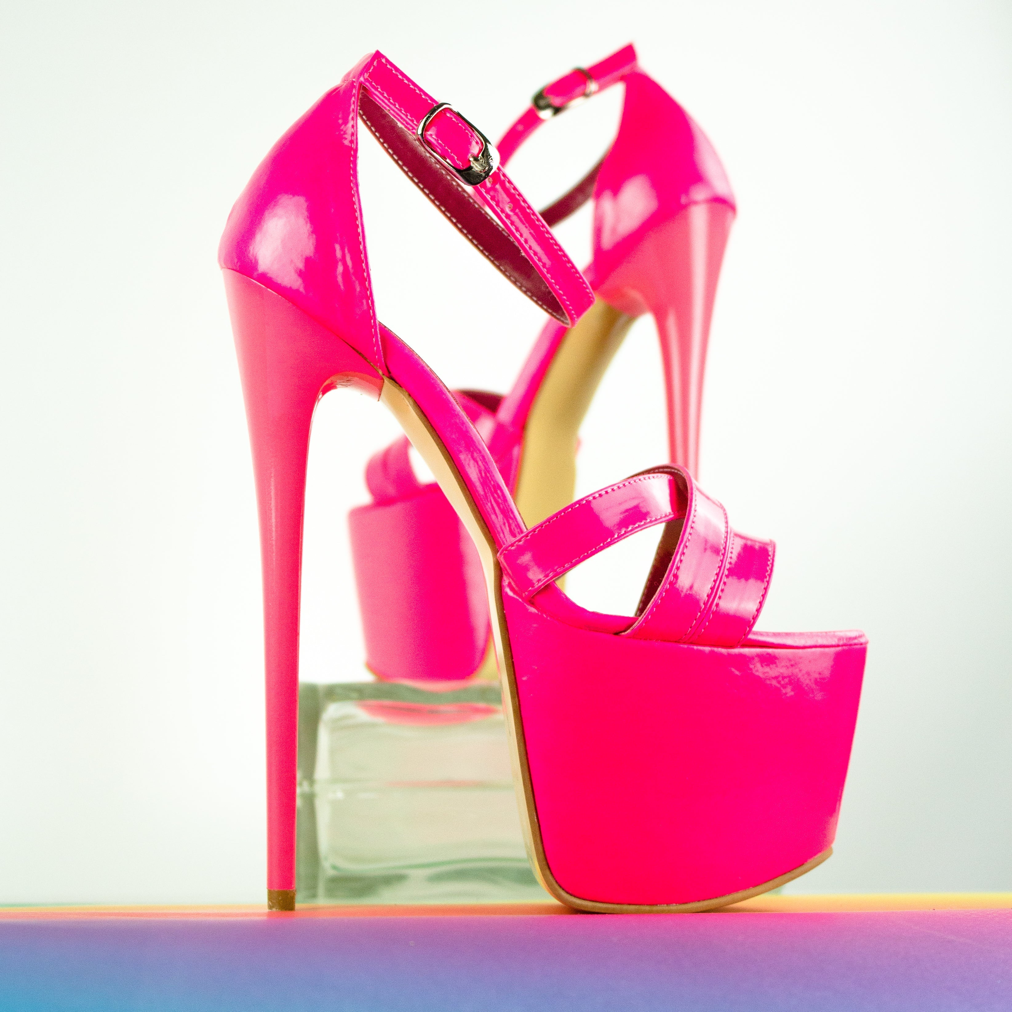 Neon Pink Gloss Strappy High Heel Sandals