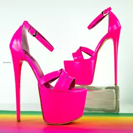 Neon Pink Gloss Strappy High Heel Sandals