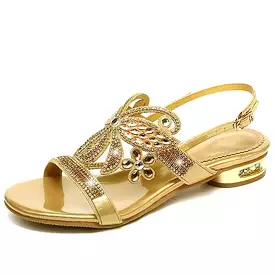 Open Toe Sheepskin Rhinestone Sandals - Summer Fashion Comfortable Low-heel Leather Shoes for Women - Famous New Sandals