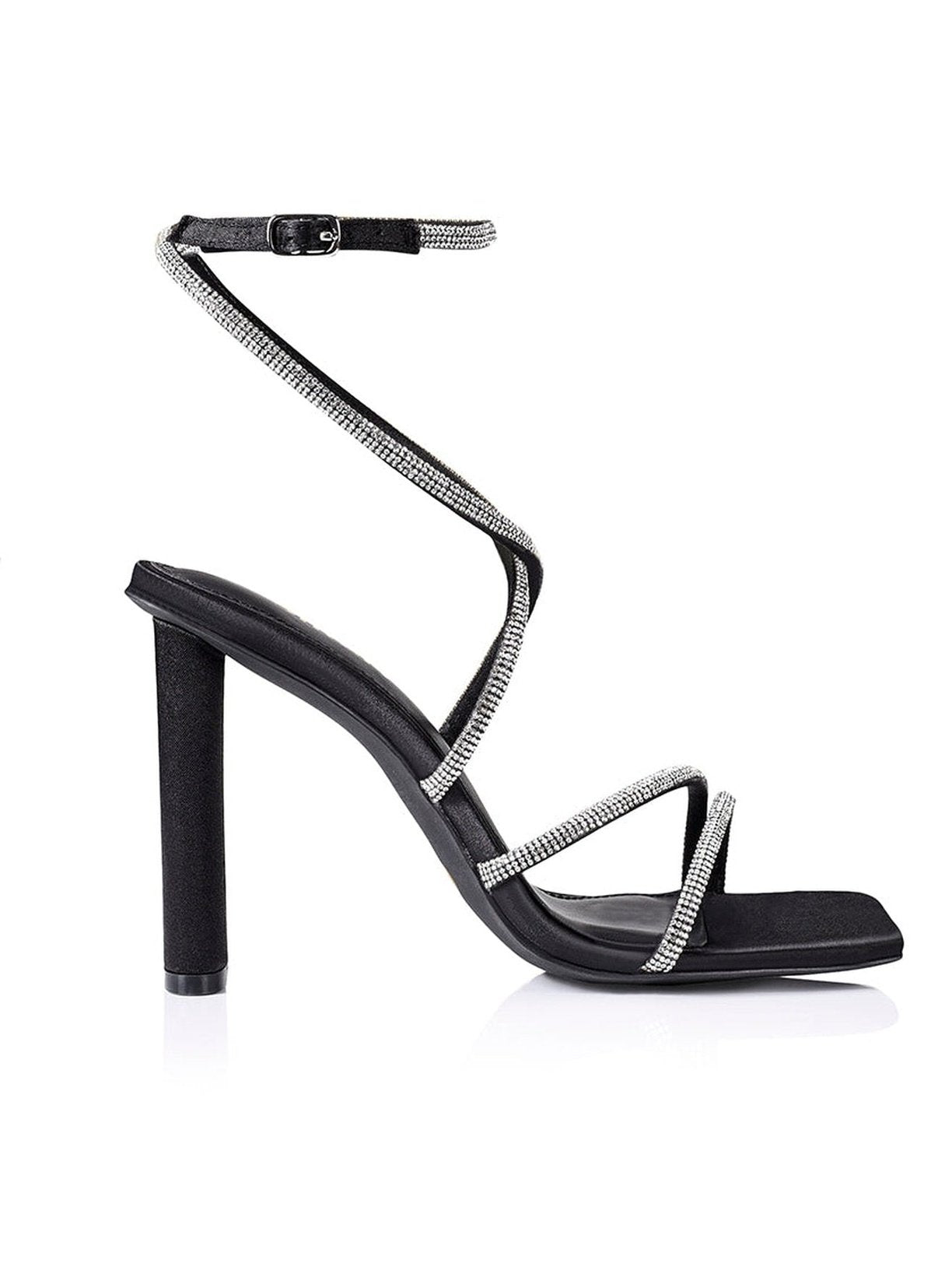 Pia Heeled Sandals - Black Satin with Glitter Accent