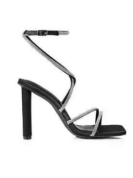 Pia Heeled Sandals - Black Satin with Glitter Accent