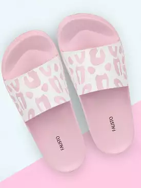 Pink and white outdoor flip flops for women.