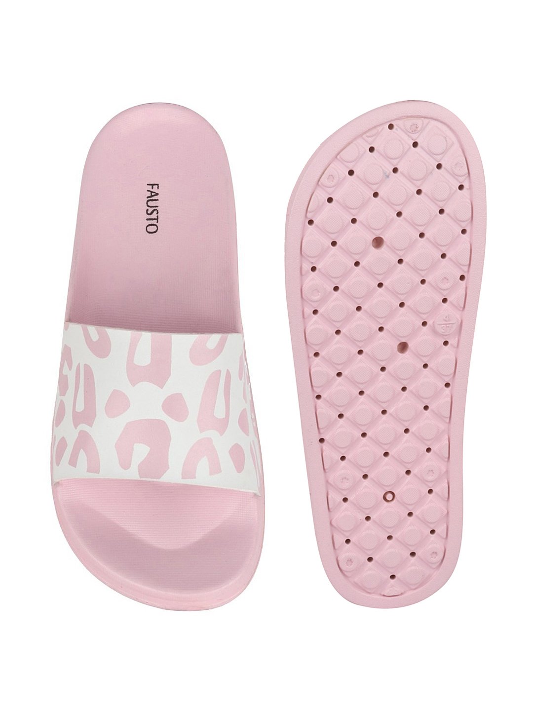 Pink and white outdoor flip flops for women.