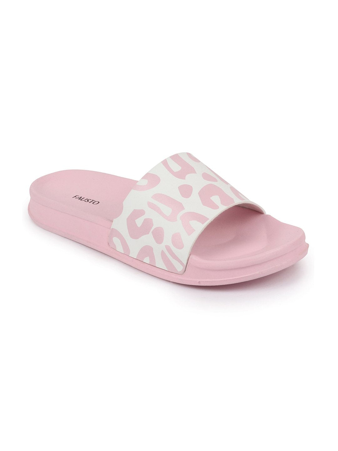 Pink and white outdoor flip flops for women.