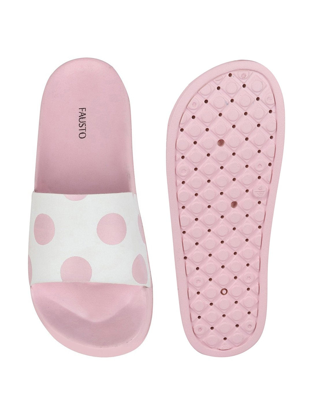 Pink and white women's outdoor slide flip flops.