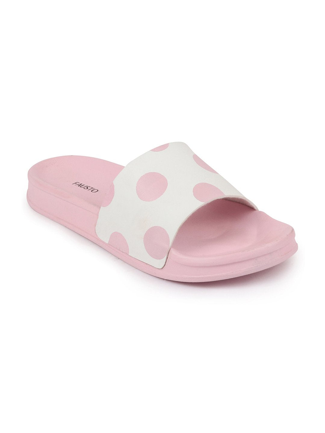 Pink and white women's outdoor slide flip flops.