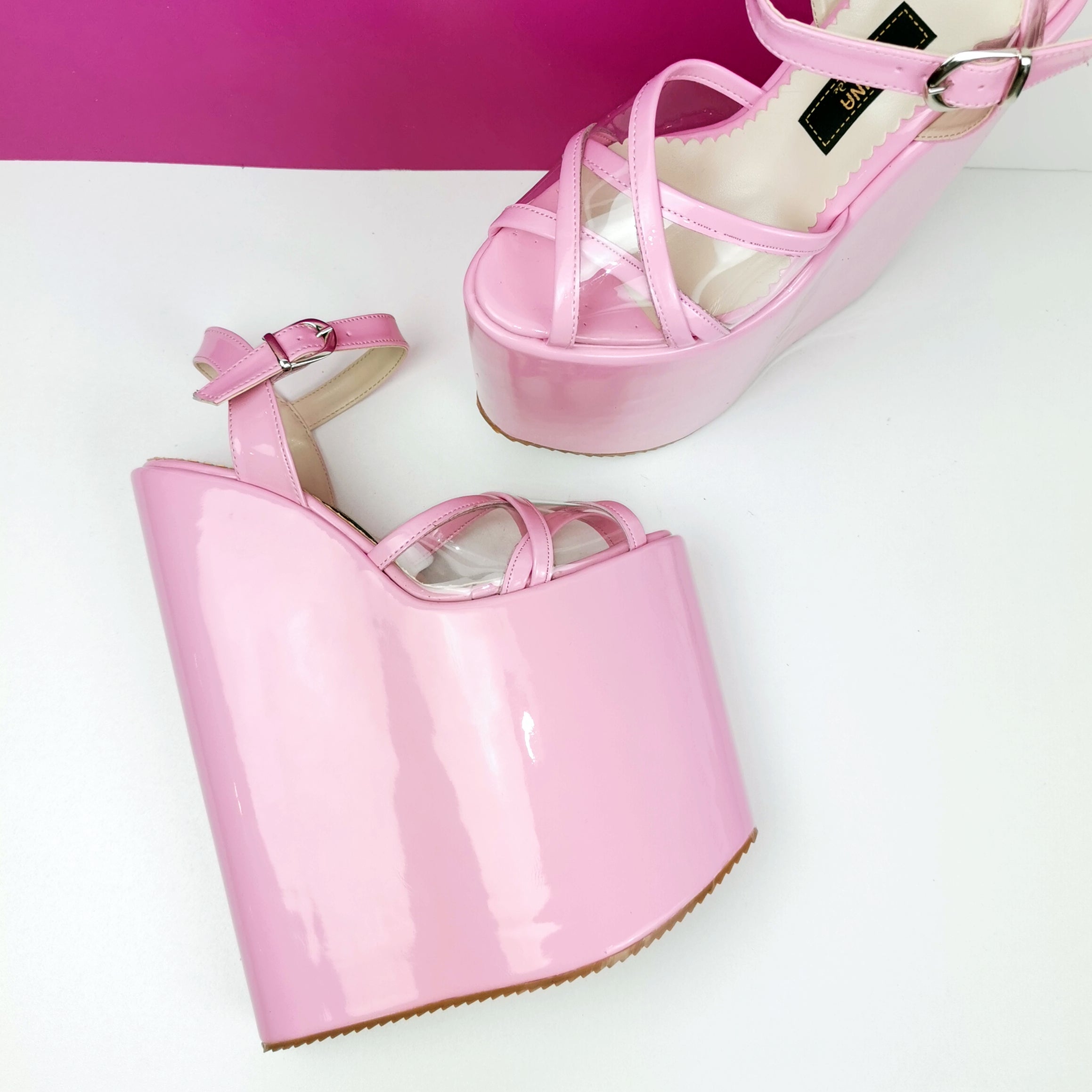 Pink Transparent High Wedge Sandals, Extreme Detail