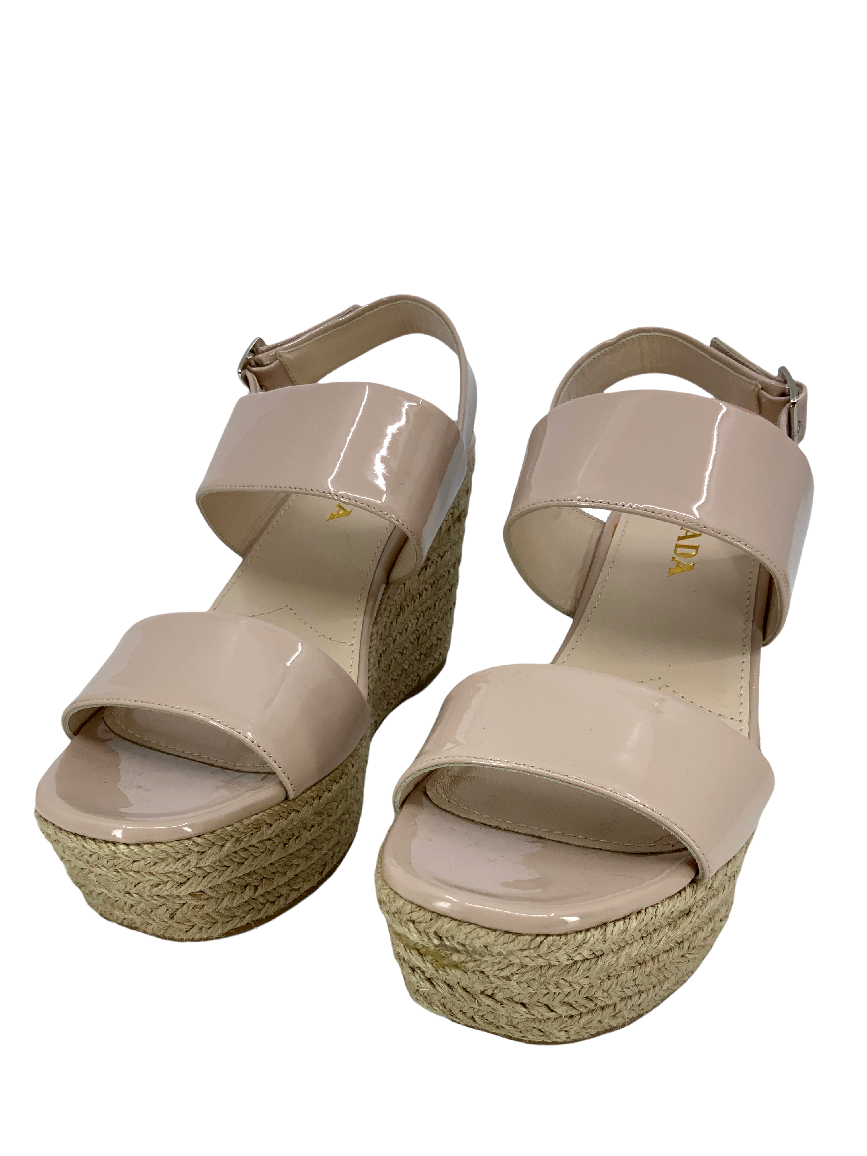 Prada Patent Leather Espadrille Wedge Sandals - Size 8.5