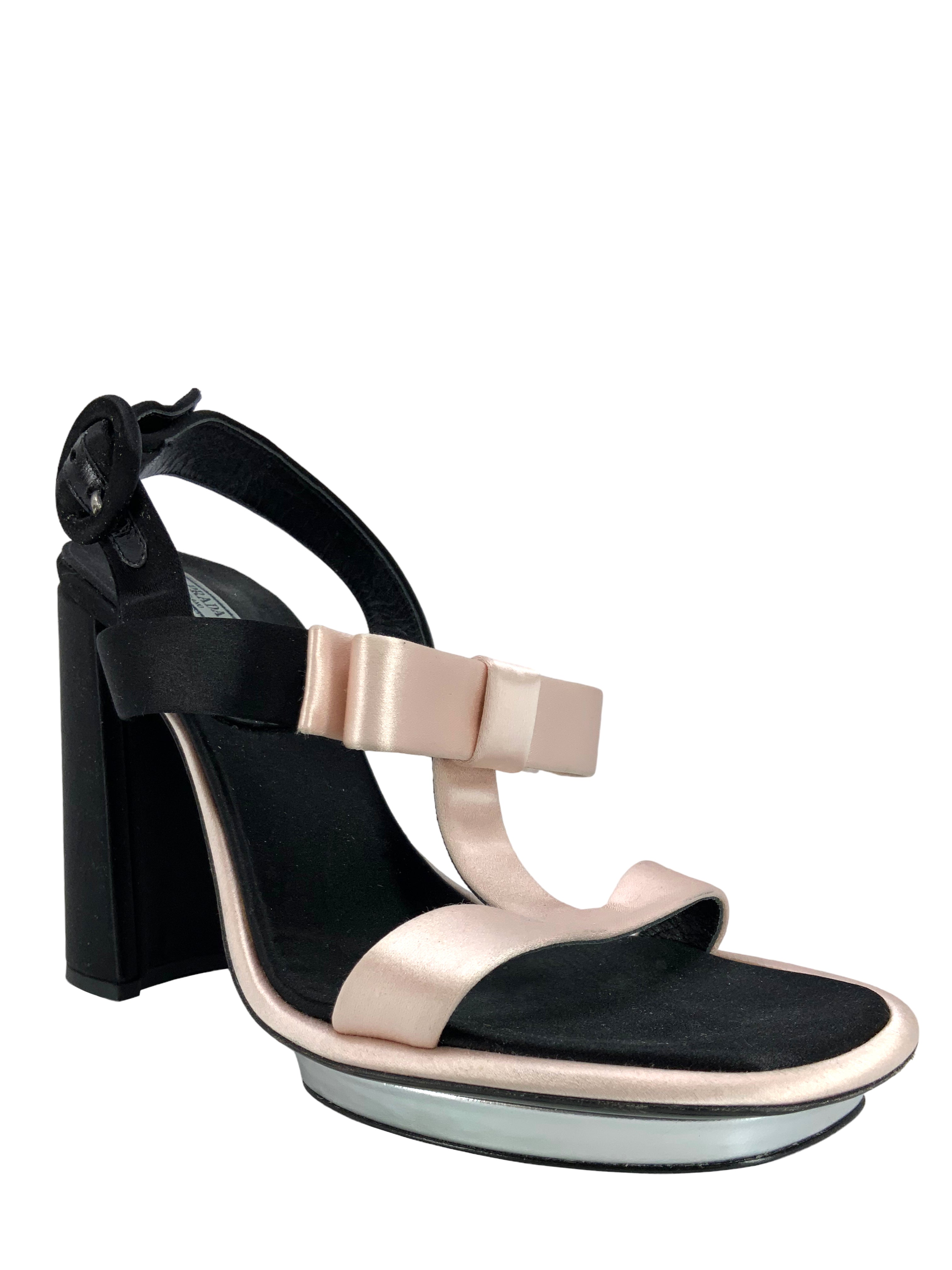 Prada satin bow sandals - T strap, block heel, size 9.