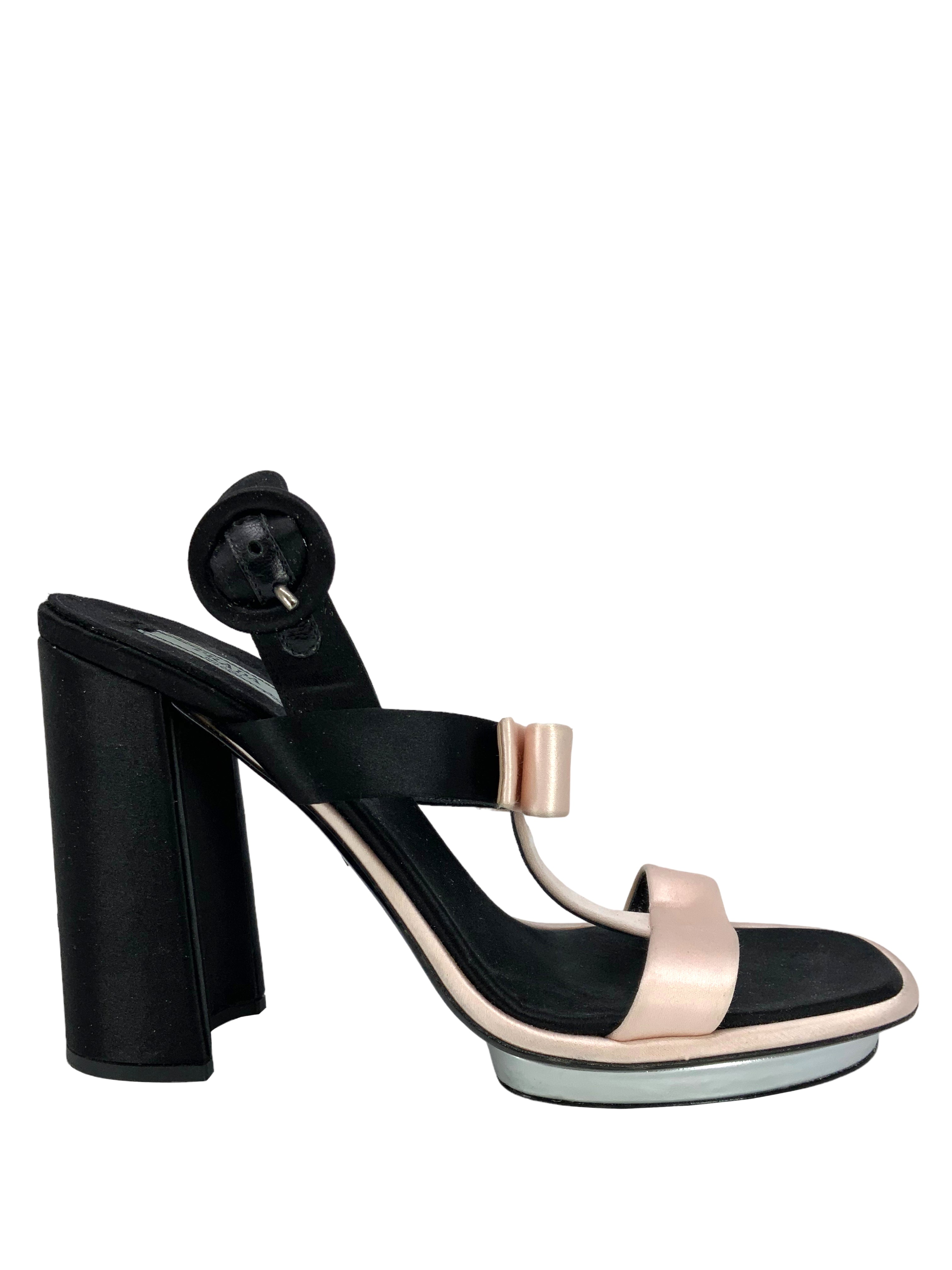 Prada satin bow sandals - T strap, block heel, size 9.